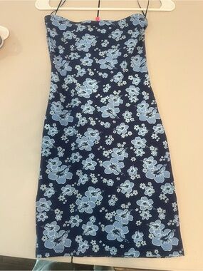 Edikted Navy and Light Blue Floral Strapless Dress